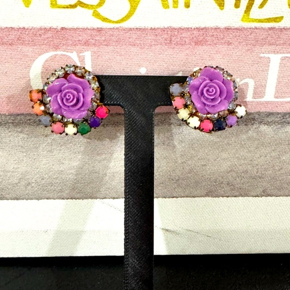Jewelry - Handmade Lilac Rose Earrings Rhinestone Pastel Studs